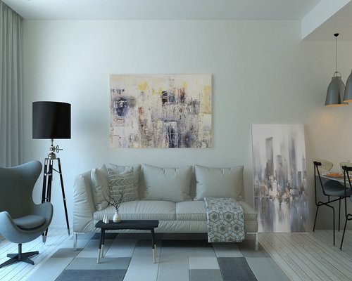 Cozy living room interior at night with warm lamp lighting